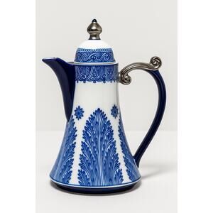 Bombay Co. Blue & White China Teapot 7” Vintage Style Silver Handle Coffee Tea